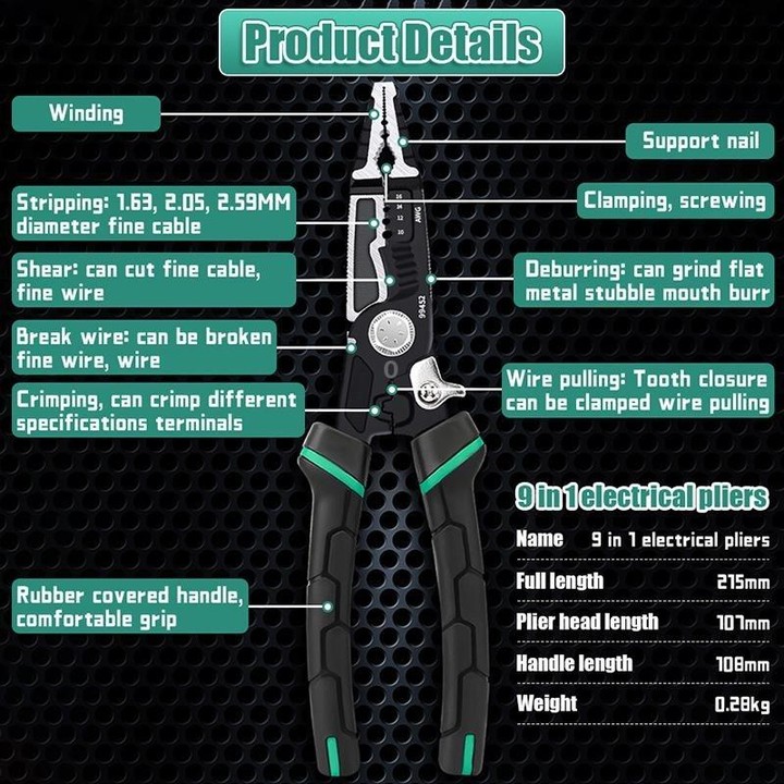 TUOSEN 9-in-1 Multifunctional Wire Stripper with Pointed Nose Cable Cutting and Crimping Tool