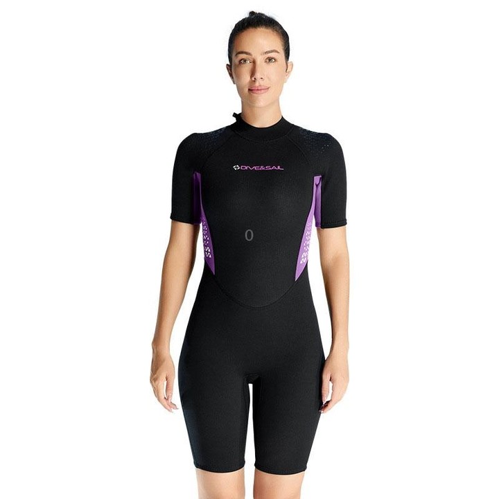 DIVE & SAIL 1.5mm Warm One-Piece Short Sleeve Wetsuit Outdoor Surfing Coldproof Snorkeling Suit, Size: L(Female Purple)