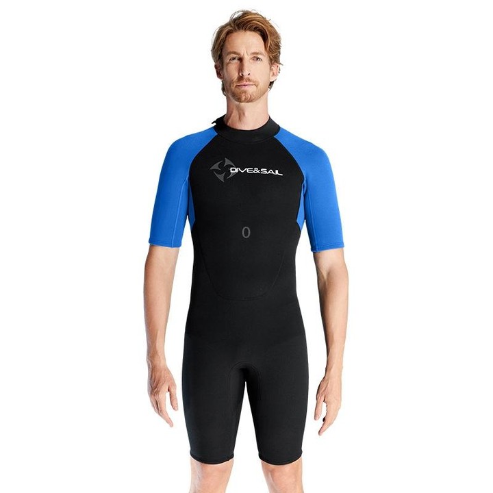 DIVE & SAIL 1.5mm Short Sleeve One-Piece Warm Wetsuit Surfing Snorkeling Winter Swimming Gear, Size: M(Male Blue)