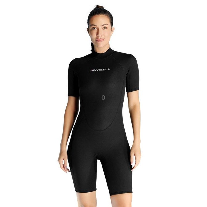 DIVE & SAIL 1.5mm Short Sleeve One-Piece Warm Wetsuit Surfing Snorkeling Winter Swimming Gear, Size: XL(Female Black)