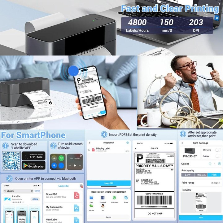 Phomemo PM245-BT Bluetooth Shipping Label Printer Support Labels Width 1- 4.6 Inch(US Plug)