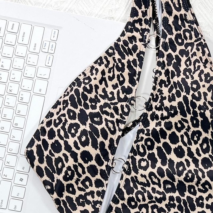 Leopard Print Hollow Strap One-piece Swimsuit For Women, Size: S