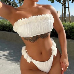Women Two-Piece Swimsuit Strapless Sexy Bikini Top With Flower Decoration, Size: M