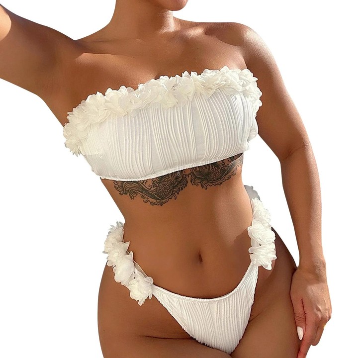 Women Two-Piece Swimsuit Strapless Sexy Bikini Top With Flower Decoration, Size: L