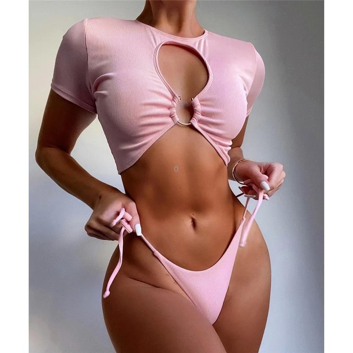Women Two-Piece Short Sleeve Hollow Swimwear Set Female Bikini Bathing Suit, Size: S