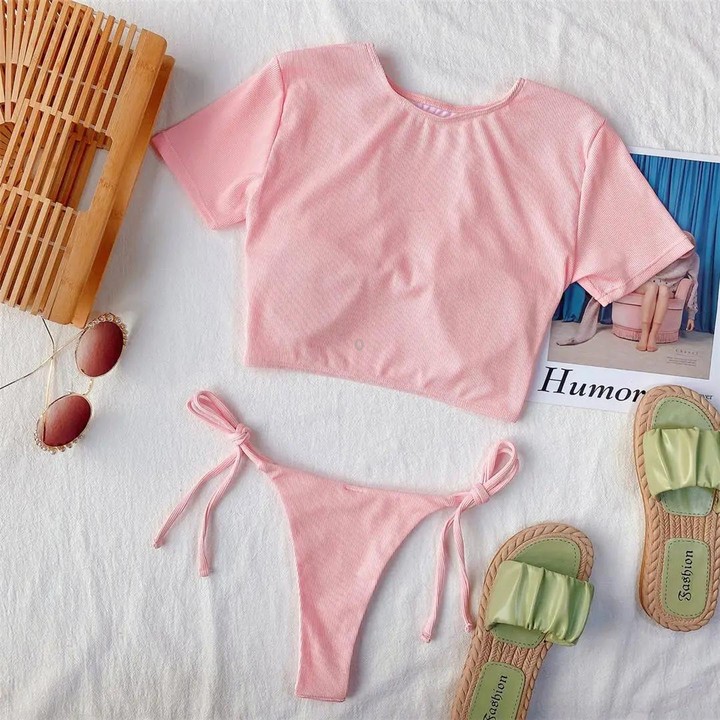 Women Two-Piece Short Sleeve Hollow Swimwear Set Female Bikini Bathing Suit, Size: S