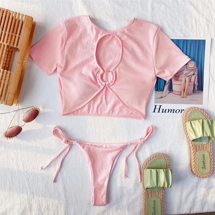 Women Two-Piece Short Sleeve Hollow Swimwear Set Female Bikini Bathing Suit, Size: M