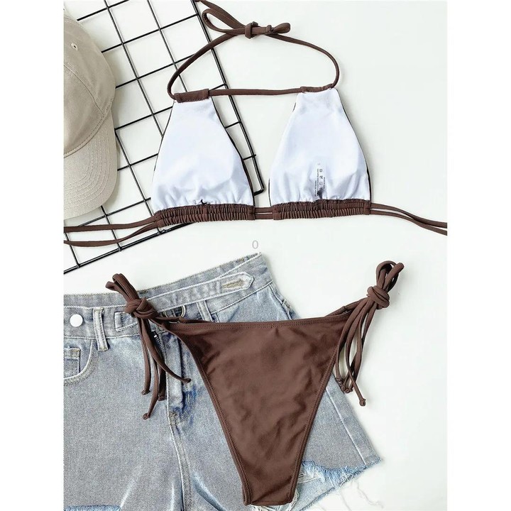 Halter Neck Ruched Bikini Set Women Two-pieces Sexy Strappy Swimwear, Size: S(Brown)