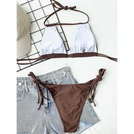 Halter Neck Ruched Bikini Set Women Two-pieces Sexy Strappy Swimwear, Size: M(Brown)