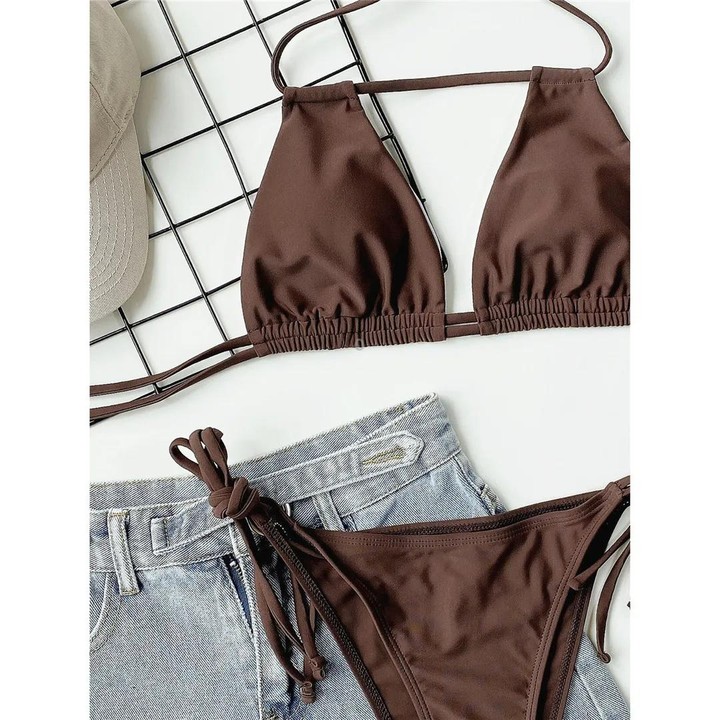 Halter Neck Ruched Bikini Set Women Two-pieces Sexy Strappy Swimwear, Size: M(Brown)