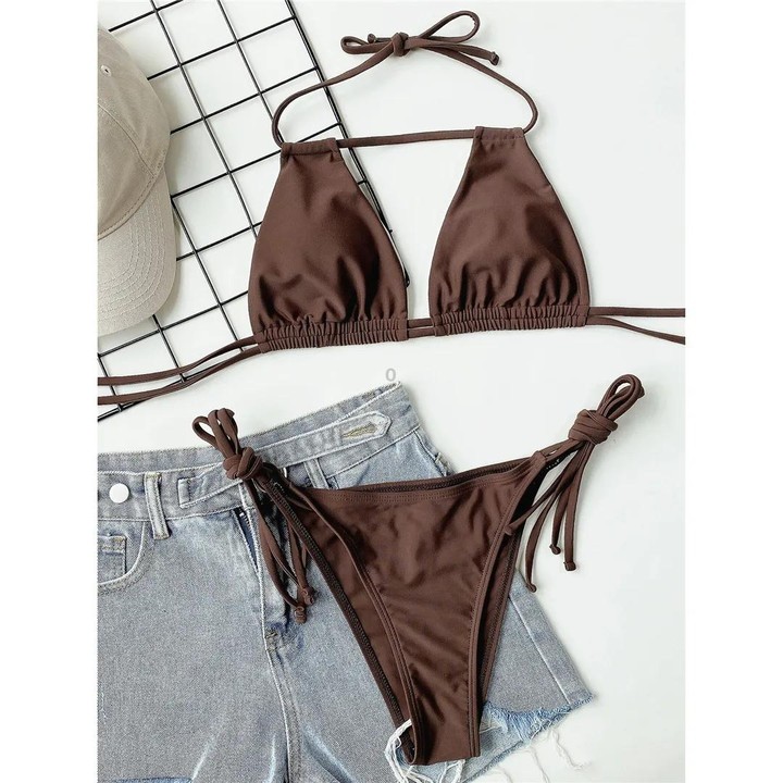 Halter Neck Ruched Bikini Set Women Two-pieces Sexy Strappy Swimwear, Size: M(Brown)