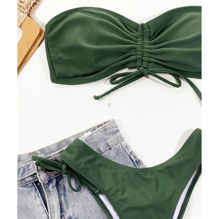 Women Sexy Lace Up Bandeau Two Pieces Set Bikini Drawstring Tie Side Swimsuit Swimwear, Size: S(Green)