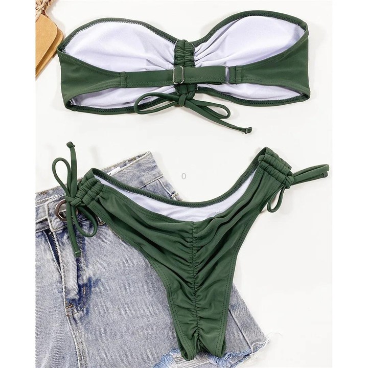 Women Sexy Lace Up Bandeau Two Pieces Set Bikini Drawstring Tie Side Swimsuit Swimwear, Size: S(Green)