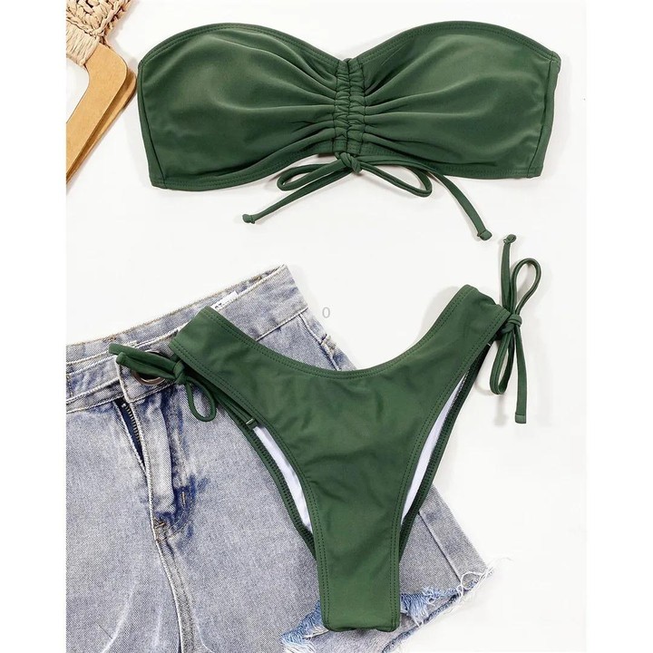 Women Sexy Lace Up Bandeau Two Pieces Set Bikini Drawstring Tie Side Swimsuit Swimwear, Size: L(Green)