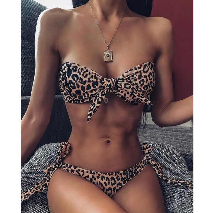 Women Dot Print Front Tie Bandeau Bikini Two Pieces Set Thong Swimsuit, Size: S(Leopard Print)
