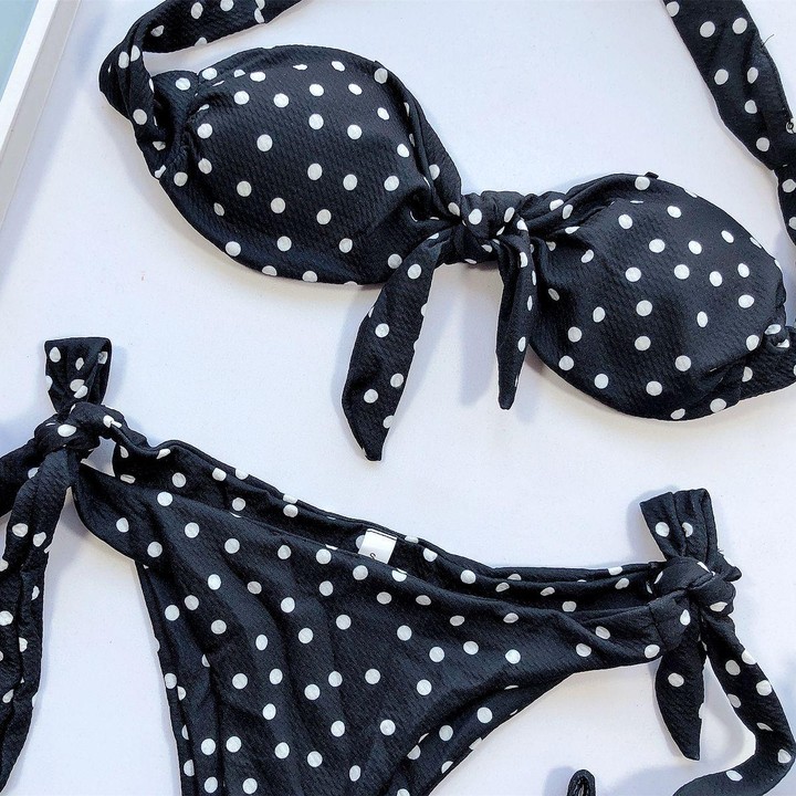Women Dot Print Front Tie Bandeau Bikini Two Pieces Set Thong Swimsuit, Size: M(Black)