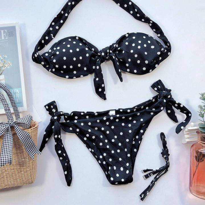 Women Dot Print Front Tie Bandeau Bikini Two Pieces Set Thong Swimsuit, Size: M(Black)