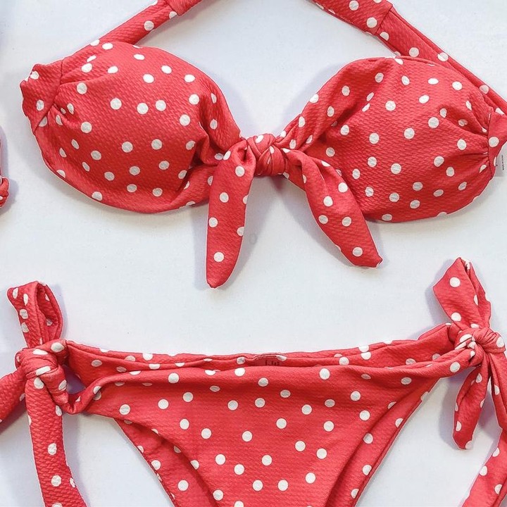 Women Dot Print Front Tie Bandeau Bikini Two Pieces Set Thong Swimsuit, Size: M(Orange)