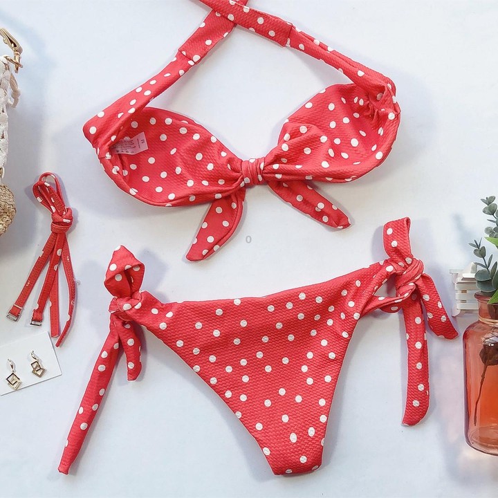 Women Dot Print Front Tie Bandeau Bikini Two Pieces Set Thong Swimsuit, Size: M(Orange)