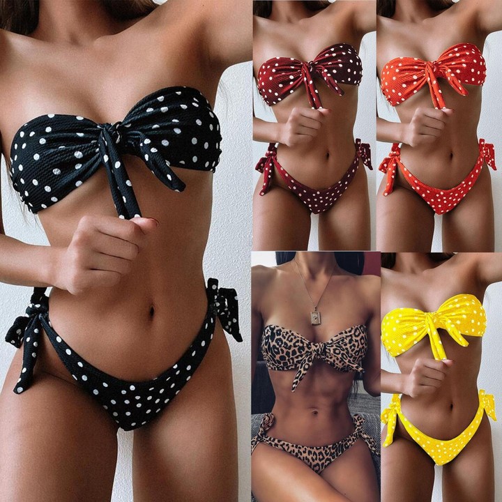 Women Dot Print Front Tie Bandeau Bikini Two Pieces Set Thong Swimsuit, Size: M(Leopard Print)