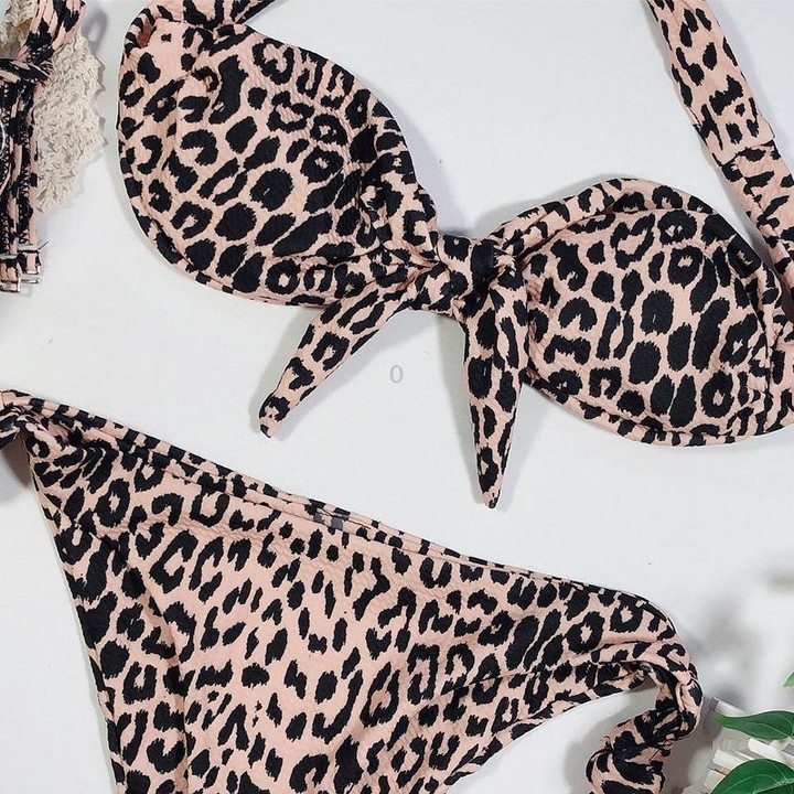 Women Dot Print Front Tie Bandeau Bikini Two Pieces Set Thong Swimsuit, Size: M(Leopard Print)