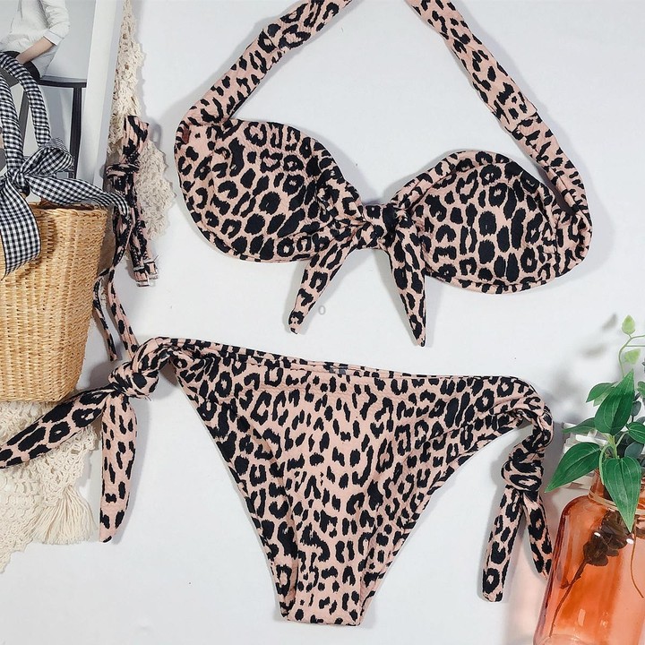 Women Dot Print Front Tie Bandeau Bikini Two Pieces Set Thong Swimsuit, Size: L(Leopard Print)