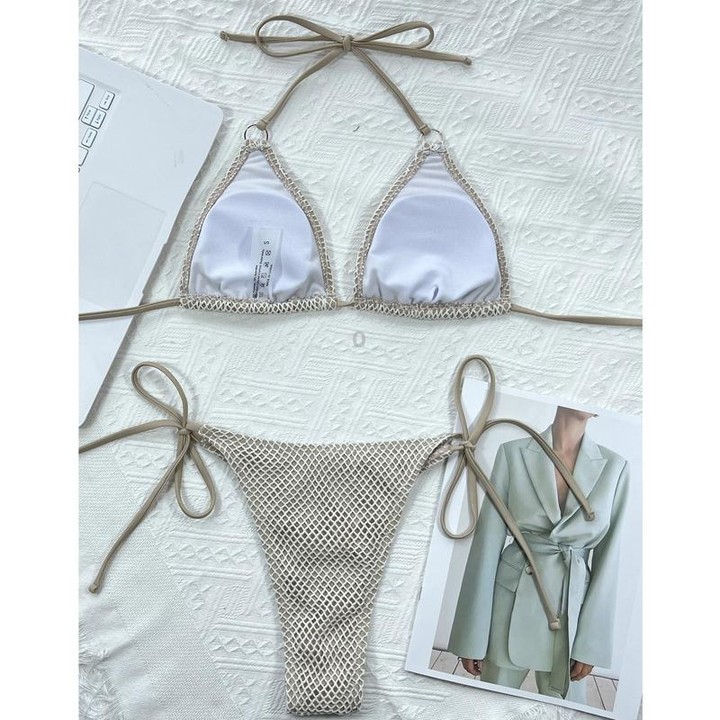 Women Halter Neck Tie Bikini Two-piece Set Female Swimsuit, Size: S(Khaki)
