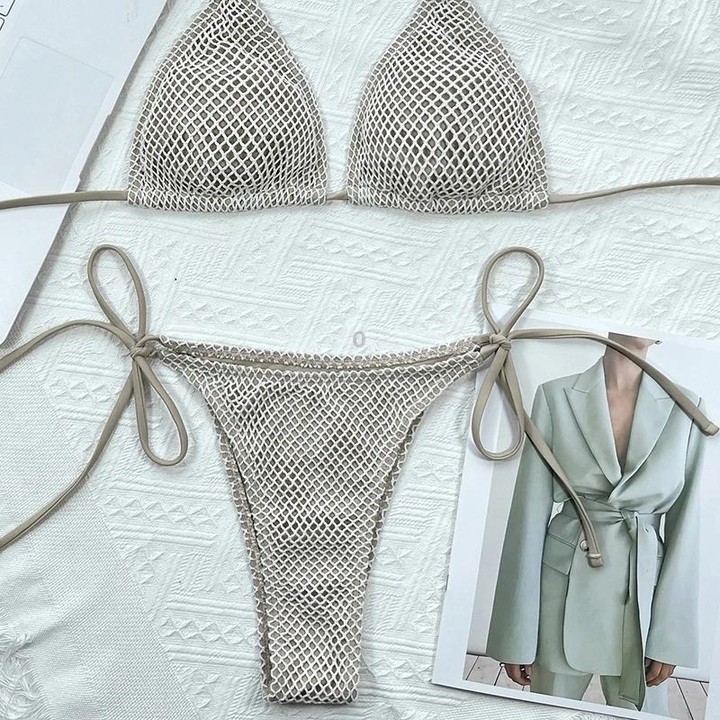 Women Halter Neck Tie Bikini Two-piece Set Female Swimsuit, Size: M(Khaki)