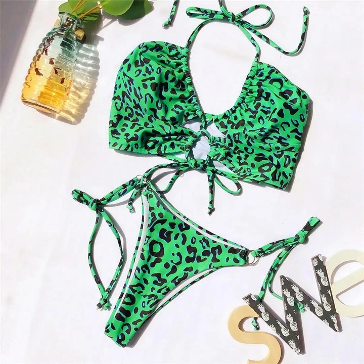 Two-pieces Bikini Set Lace Up Swimsuit Sexy Bandeau Thong, Size: S(Green Leopard Print)