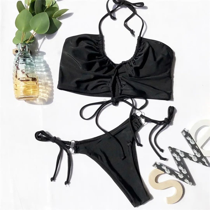 Two-pieces Bikini Set Lace Up Swimsuit Sexy Bandeau Thong, Size: M(Black)