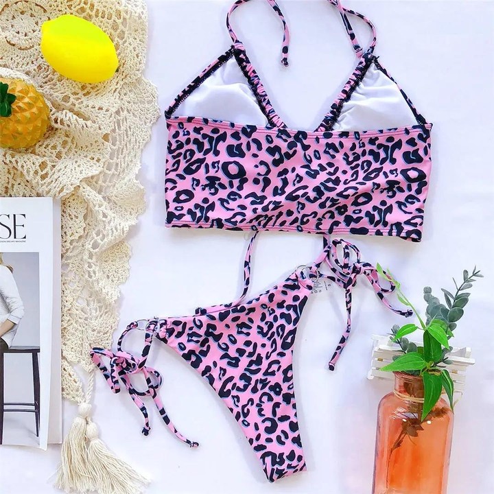 Two-pieces Bikini Set Lace Up Swimsuit Sexy Bandeau Thong, Size: M(Pink Leopard Print)