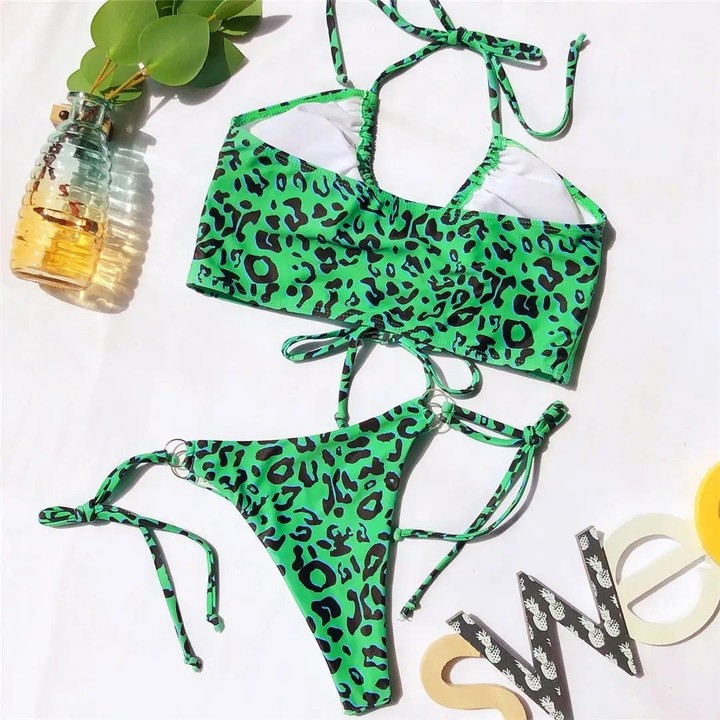 Two-pieces Bikini Set Lace Up Swimsuit Sexy Bandeau Thong, Size: L(Green Leopard Print)