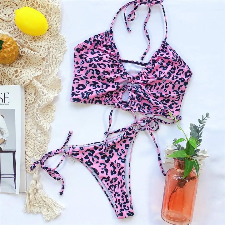 Two-pieces Bikini Set Lace Up Swimsuit Sexy Bandeau Thong, Size: L(Pink Leopard Print)