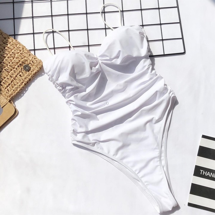 Women One Piece Swimsuit Push Up Bandeau Thong Triangle Bathing Suit, Size: S(White)