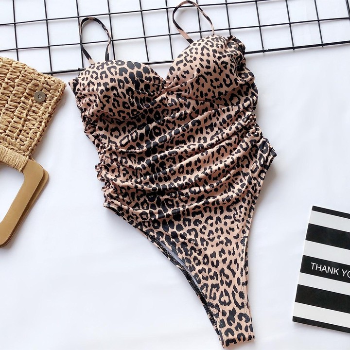 Women One Piece Swimsuit Push Up Bandeau Thong Triangle Bathing Suit, Size: M(Black Leopard Print)