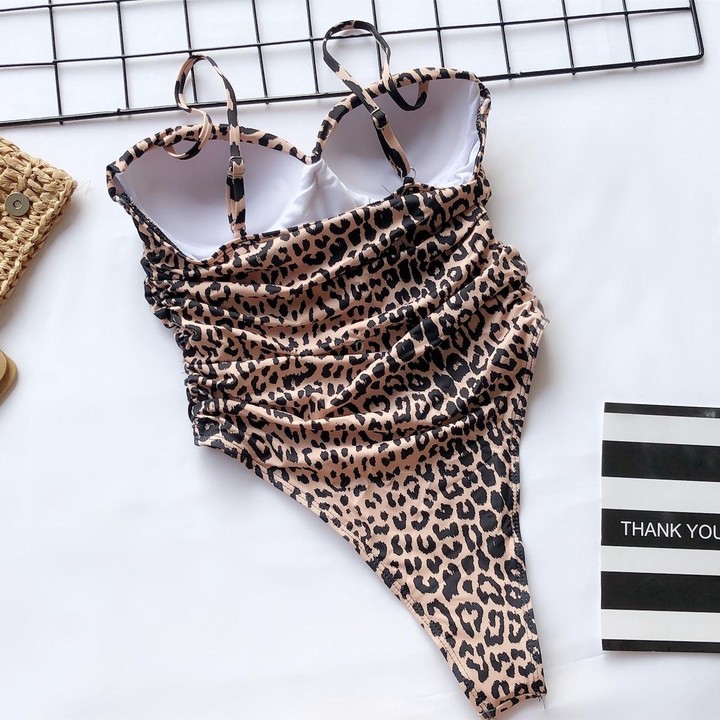 Women One Piece Swimsuit Push Up Bandeau Thong Triangle Bathing Suit, Size: M(Black Leopard Print)
