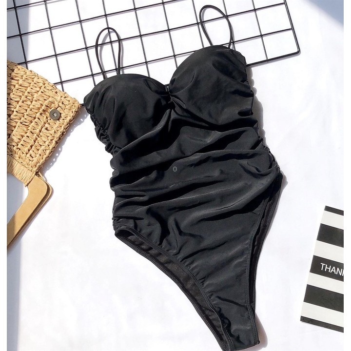 Women One Piece Swimsuit Push Up Bandeau Thong Triangle Bathing Suit, Size: L(Black)