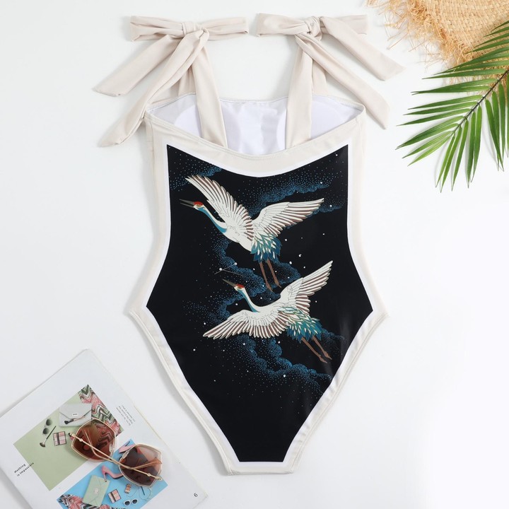 Retro Pattern One-Piece Hot Spring Outdoor Swimsuit Set, Size: S(Crane)