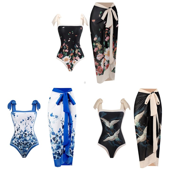 Retro Pattern One-Piece Hot Spring Outdoor Swimsuit Set, Size: S(Blue Leaf)