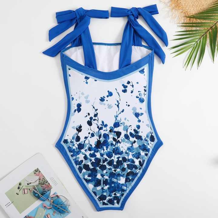 Retro Pattern One-Piece Hot Spring Outdoor Swimsuit Set, Size: S(Blue Leaf)