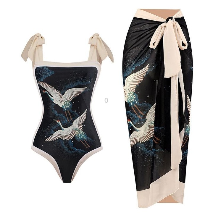 Retro Pattern One-Piece Hot Spring Outdoor Swimsuit Set, Size: M(Crane)