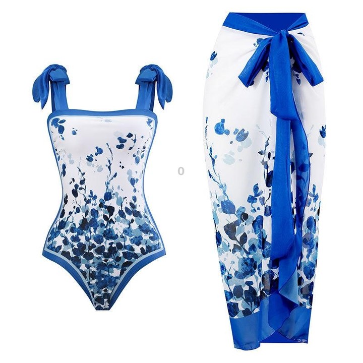 Retro Pattern One-Piece Hot Spring Outdoor Swimsuit Set, Size: M(Blue Leaf)