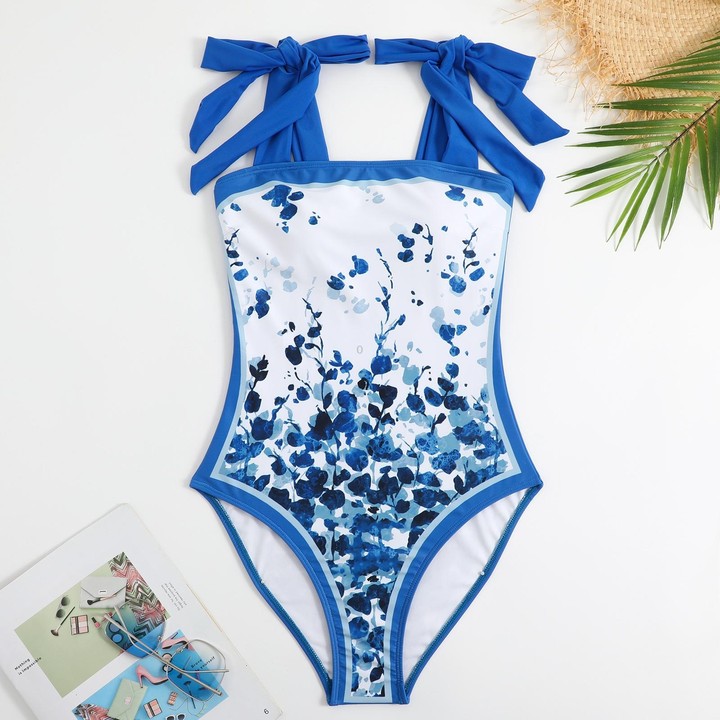 Retro Pattern One-Piece Hot Spring Outdoor Swimsuit Set, Size: L(Blue Leaf)