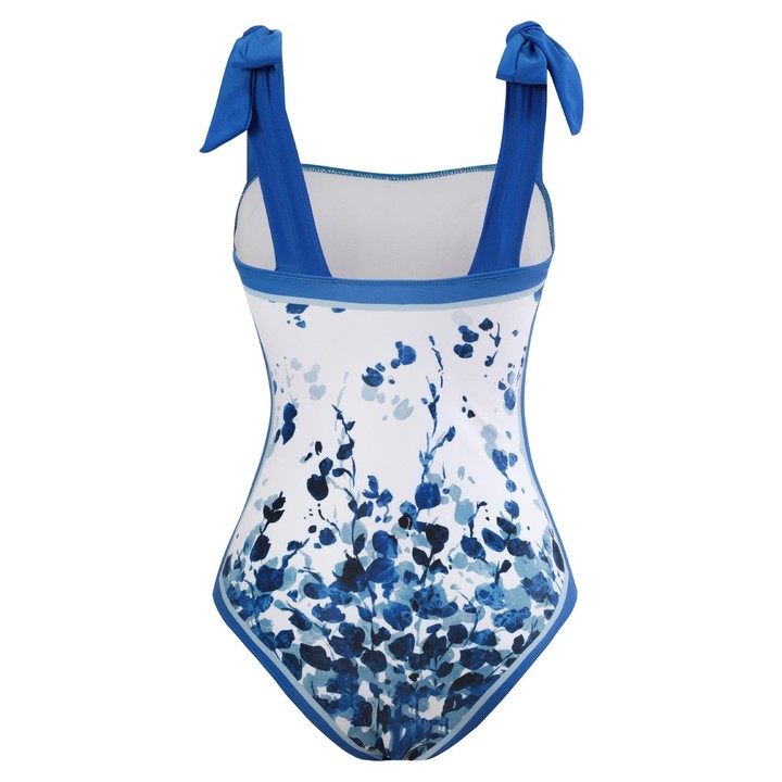 Retro Pattern One-Piece Hot Spring Outdoor Swimsuit Set, Size: L(Blue Leaf)