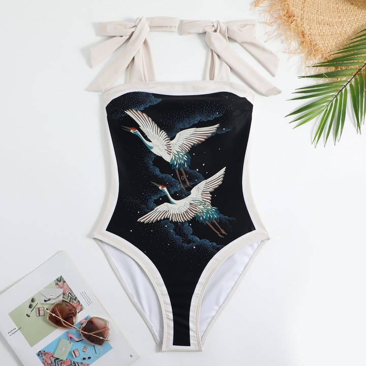 Retro Pattern One-Piece Hot Spring Outdoor Swimsuit Set, Size: XL(Crane)