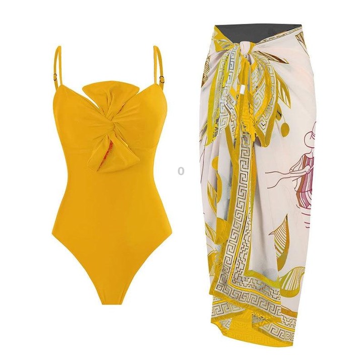 Bow-knot Solid Color One-Piece Swimsuit Retro Belly-covering Slimming Swimsuit, Size: S(Yellow Suit)