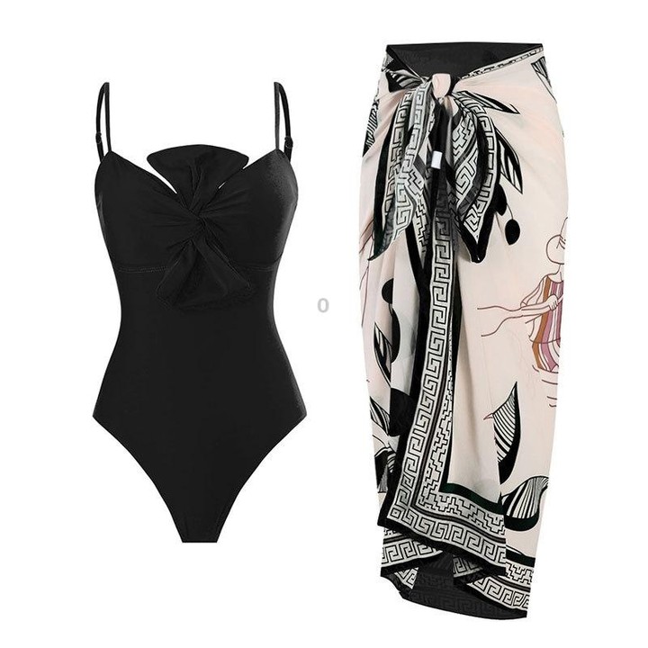 Bow-knot Solid Color One-Piece Swimsuit Retro Belly-covering Slimming Swimsuit, Size: L(Black Suit)