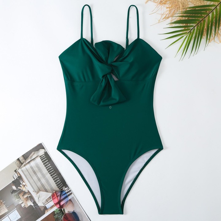 Bow-knot Solid Color One-Piece Swimsuit Retro Belly-covering Slimming Swimsuit, Size: L(Black Suit)