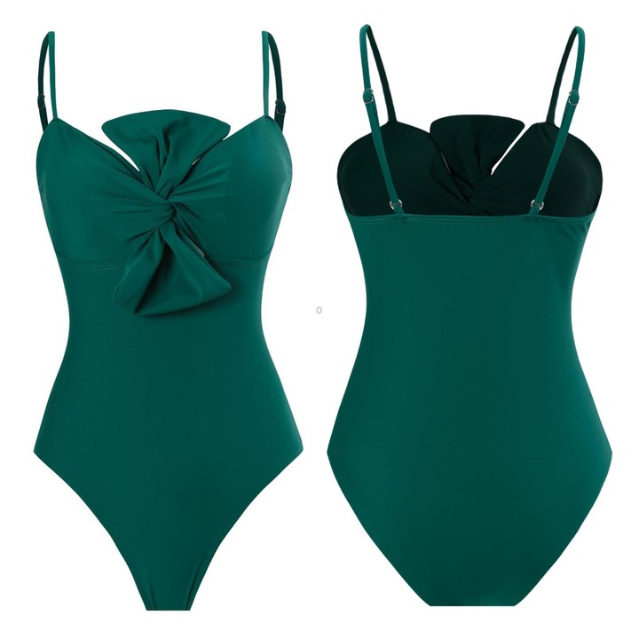 Bow-knot Solid Color One-Piece Swimsuit Retro Belly-covering Slimming Swimsuit, Size: XL(Green Suit)
