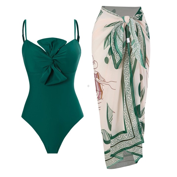 Bow-knot Solid Color One-Piece Swimsuit Retro Belly-covering Slimming Swimsuit, Size: XL(Green Suit)